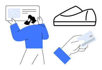 Person holding a webpage, shoe graphic, hand holding a credit card. Ideal for online shopping, e-commerce, digital payments, retail, user interaction, web design, financial transactions. Line
