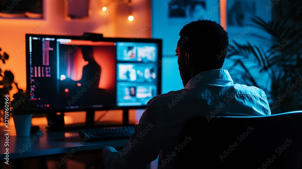 Poster Man working on computer at night