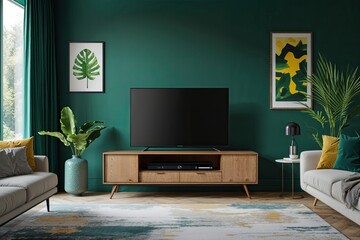 Modern Family Room Interior with Minimalist TV Stand and Deep Emerald Green Wall