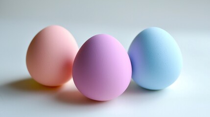 Three pastel colored easter eggs sit together on white surface