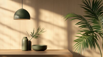 Modern interior with green decor featuring a pendant light, vases, and a plant in soft shadows