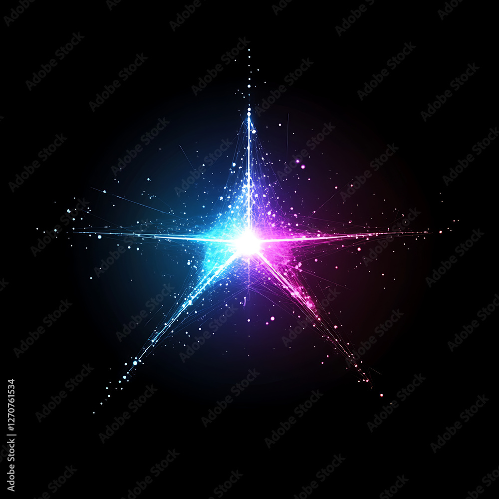 Wall mural luminous star abstract with interconnected particles bursting on black backdrop decorative image