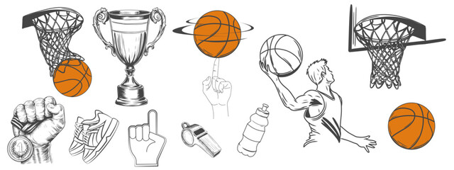 Basketball Elements set. Basket sport Ball, winner cup, medal, basketball hoop, athlete, footwear, foam finger. Hand drawn sketch style. Vector illustration isolated on background © Julisart