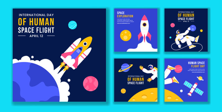 Human Space Flight Celebration Social Media Post Template in Flat Cartoon Design