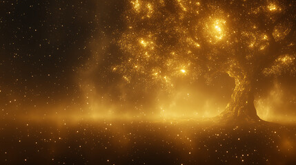 Naklejka premium Luminous Tree of Eternity Standing Guard in a Field of Golden Dust Among the Stars Fantasy