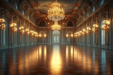 Obraz premium A grand hall featuring intricate chandeliers and polished wooden floors, illuminated softly to create an elegant atmosphere.