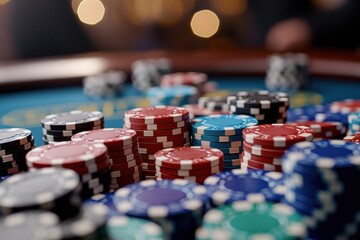 Naklejka premium Stacks of poker chips in various colors, set against a blurred casino backdrop, ready for a night of gambling fun and the potential for winning big at the casino.