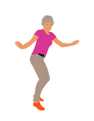 Senior woman dressed in modern casual clothes dancing for joy. Female cartoon character having fun at dance party or class. Flat colorful vector illustration isolated