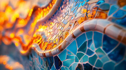 Close-up of colorful mosaic tiles reflecting warm light.