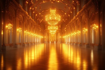 Obraz premium A grand, opulent hall illuminated by numerous chandeliers, reflecting a warm, golden glow on the polished floor.
