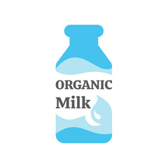 Organic milk bottle vector label. Colorful blue and white with milk text icon.