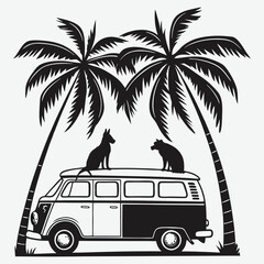 Retro van parked under palm trees with dogs looking out silhouette design vector art and illustration