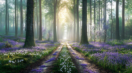 Spring forest with a path strewn with flowers
