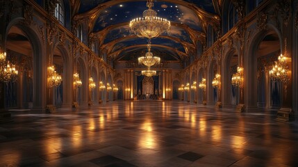 Obraz premium A grand, opulent hall adorned with chandeliers, featuring ornate architecture and a reflective floor, illuminated by warm, golden light.