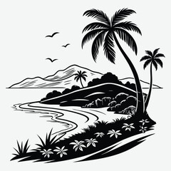 A tropical island in the middle of the ocean Silhouette design vector art and illustration