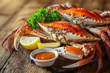 A tempting seafood culinary experience: cooked crabs, lemon wedges, fresh parsley, savory sauce, all artfully arranged on a rustic wooden surface for a gourmet meal.