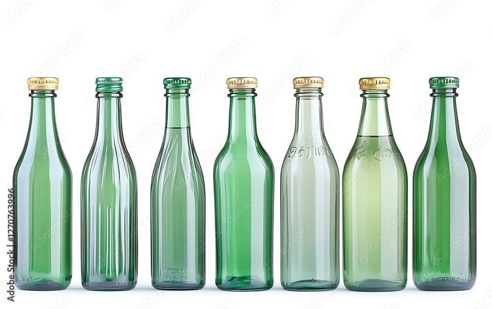 Poster green glass bottles, various shapes, studio shot. possible use product display