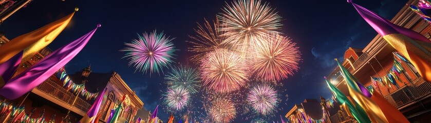 A vibrant night scene filled with colorful fireworks illuminating the sky above a festive gathering, featuring decorative flags and a celebratory atmosphere.