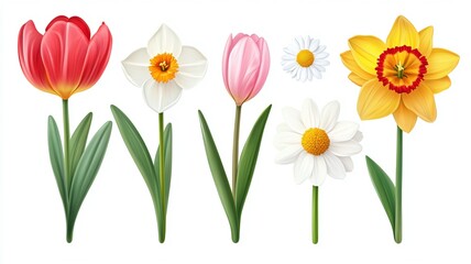 A set of spring flowers including tulip, daffodils and daisy isolated on white background