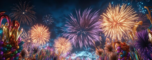 Fototapeta premium A vibrant display of colorful fireworks lighting up the night sky, creating a festive atmosphere full of excitement and wonder.