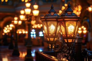 Obraz premium Two vintage street lamps emit a warm glow, creating an enchanting atmosphere amidst soft bokeh lights, showcasing architectural beauty and festive elegance.
