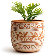 green plant in hand etched terracotta pot