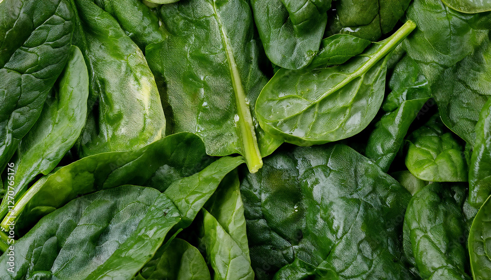 Poster detailed view of fresh spinach leaves, emphasizing their tender texture and deep green color. perfec