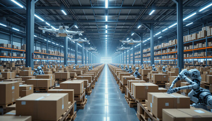 An advanced e-commerce fulfillment center with drones, AI-driven logistics, and robotic packing stations processing orders at high speed.