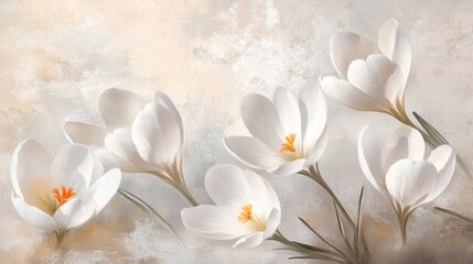 Elegant white crocus flowers in full bloom with a light pastel spring vibe.