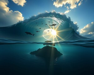 A stunning underwater view of a wave with sunlight filtering through, revealing fish swimming, creating a serene aquatic scene.