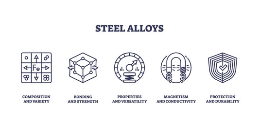 Fototapeta premium Steel alloys icons outline showing composition, bonding, properties, magnetism, and protection. Outline icons set.