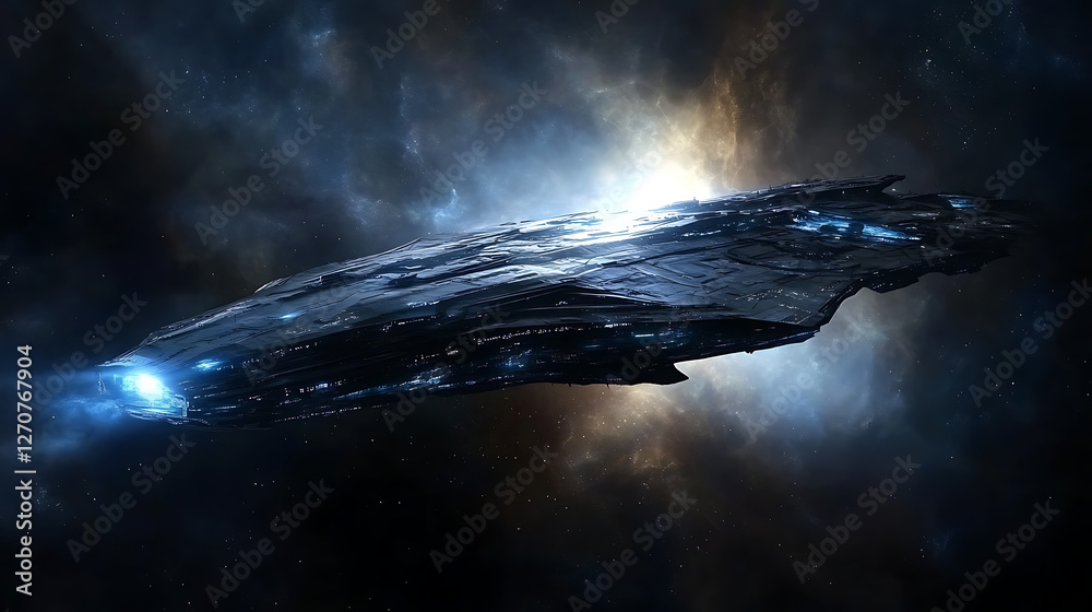 Poster massive spaceship floating amidst a nebula displaying advanced technological brilliance and scale