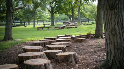 Serene Park with Tree Stump Seats and Wooden Benches
