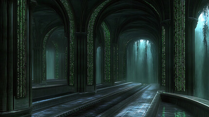 Fototapeta premium Matrix Inspired Cathedral Interior With Glowing Binary Code Cascades And Arched Gothic Architecture