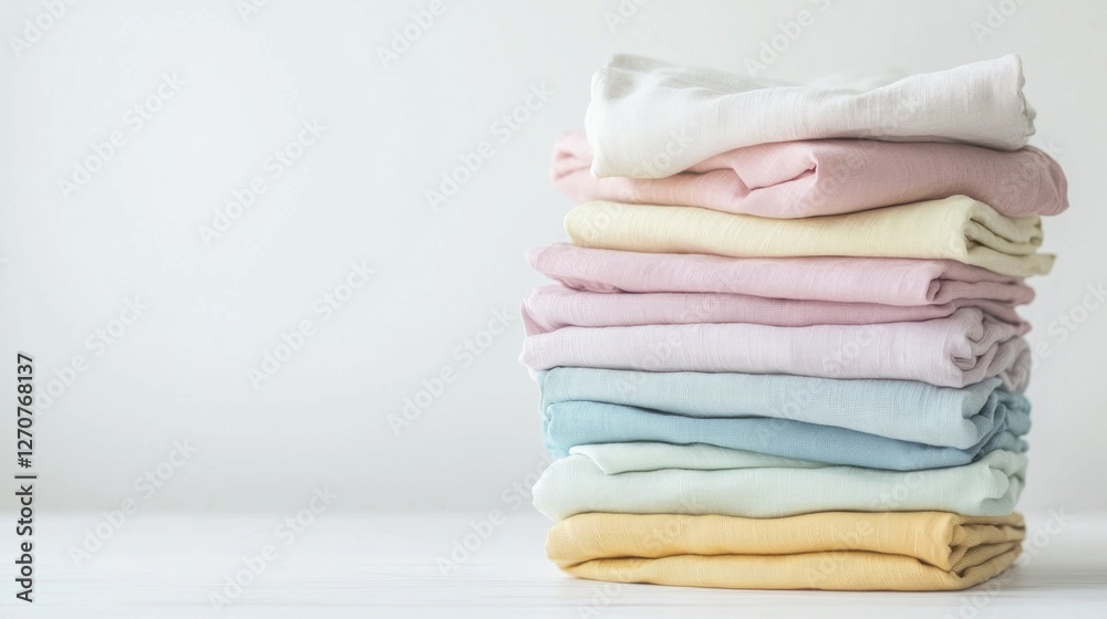 Poster a beautiful array of pastel cotton garments rests neatly stacked on a pristine white surface, creati