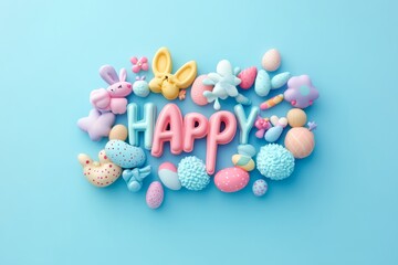 Obraz premium Festive Easter design with colorful eggs and Happy Easter wishes on blue background 
