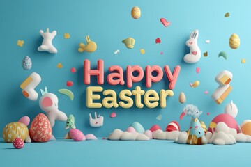 Obraz premium Festive Easter design with colorful eggs and Happy Easter wishes on blue background 