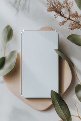 Modern smartphone mockup with natural elements, neutral aesthetic