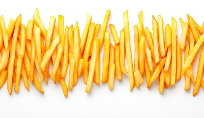 Crispy golden French fries border, a delicious treat! White background.