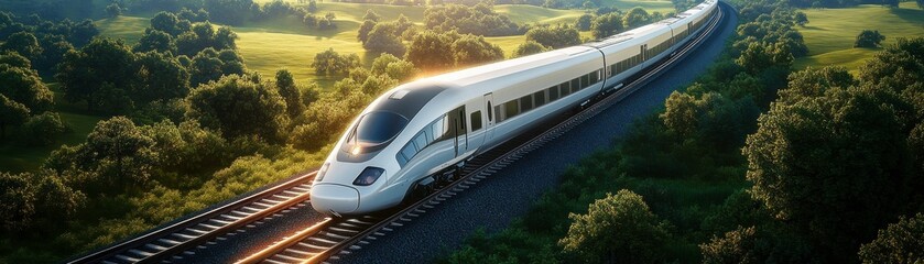 Naklejka premium A sleek high-speed train travels through a lush landscape, showcasing modern transportation against a backdrop of greenery and open skies.