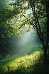 Obraz premium Beautiful sunbeams filtering through trees in a misty forest, creating a magical atmosphere, vertical