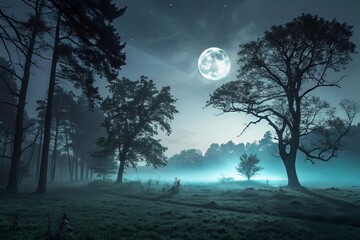 Fototapeta premium A Halloween scene with a large moon in the background and bats flying around.