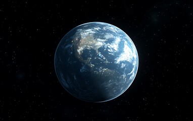 Obraz premium Earth view from space with city lights visible against a star backdrop. For education