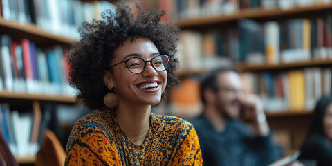 Group of diverse individuals enjoying poetry day in a cozy library with laughter and camaraderie
