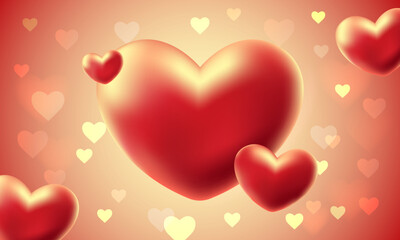 3D red hearts on gradient background, bokeh. Love and feelings, Valentine's day, wedding. Banner with copy space. Vector illustration.