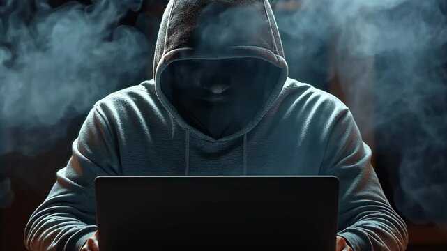A hacker in a hoodie with their face hidden while using a laptop against background of smoke 