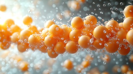 Orange spheres in motion, liquid background, scientific illustration