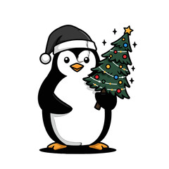 Cute Penguin Holding Decorated Christmas Tree Wearing Santa Hat