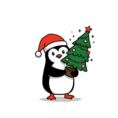 Cute Penguin Wearing Santa Hat Holding Christmas Tree Illustration