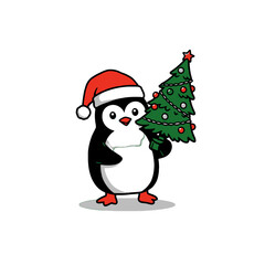 Penguin in Santa Hat Holding a Decorated Christmas Tree Illustration